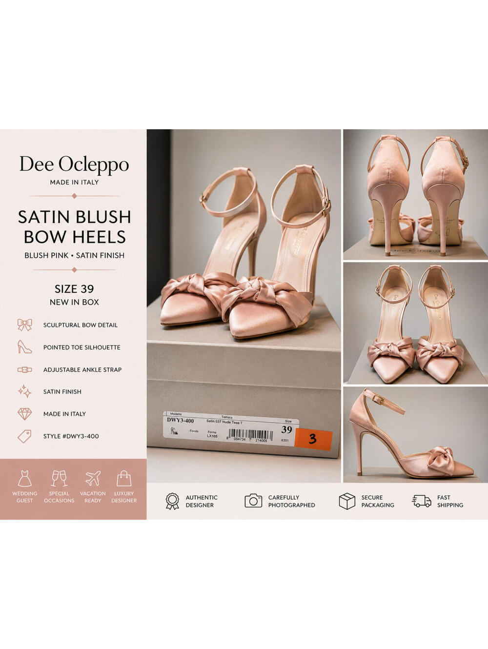 Dee Ocleppo Blush Satin Bow Heels Size 39 Nude Ankle Strap Stiletto Pumps NIB